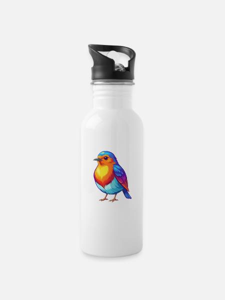 Robin Bunte Kawaii Cartoon Figur Vogel - Trinkflasche mit integriertem Trinkhalm - Weiß