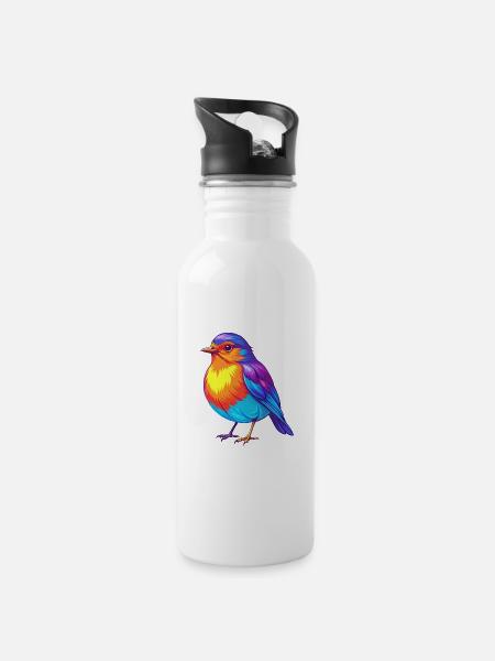 Amerikanischer Robin Bunte Kawaii Zeichentrickfigur - Trinkflasche mit integriertem Trinkhalm - Weiß