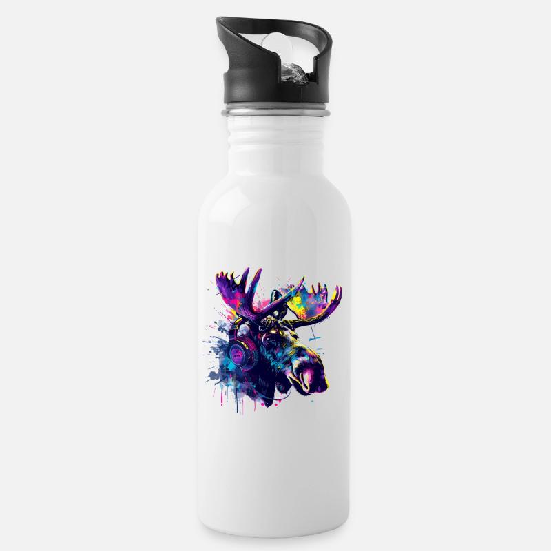 Elch Elche Elchkopf mit Kopfhörer - Trinkflasche mit integriertem Trinkhalm - Weiß