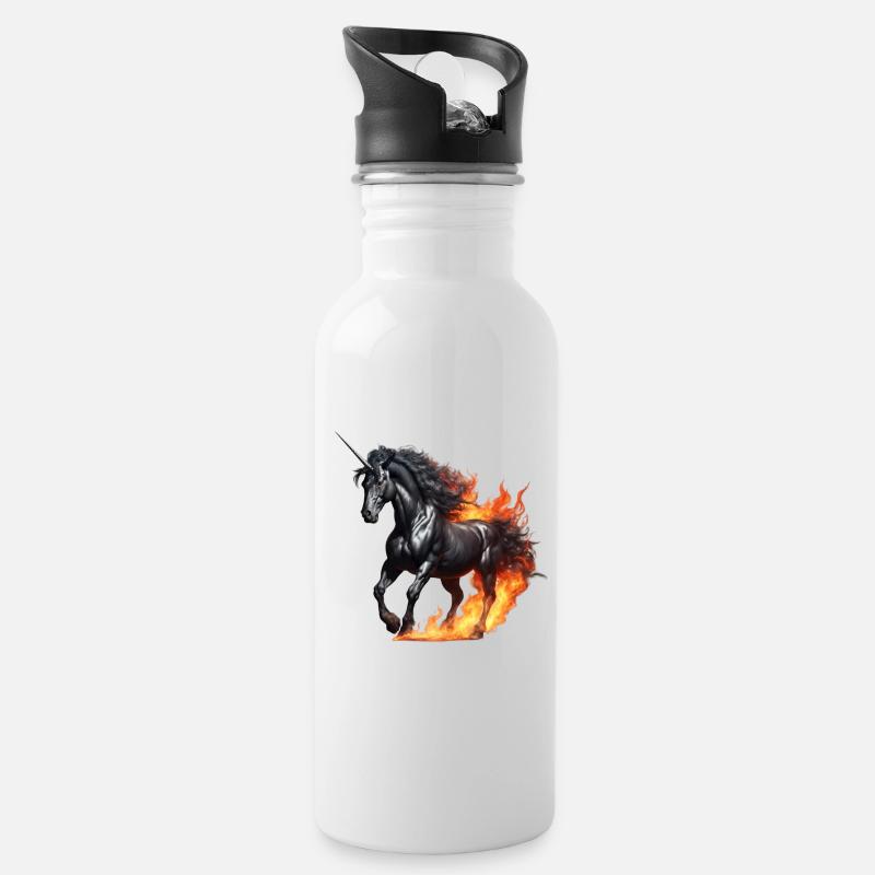 Das mächtige schwarze Einhorn - Trinkflasche mit integriertem Trinkhalm - Weiß