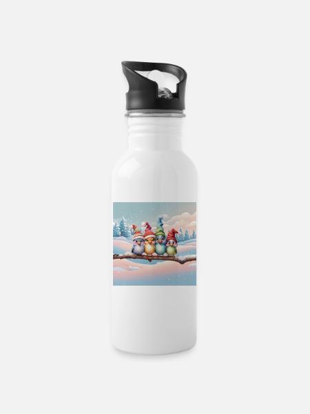 Niedliche Fantasievögel mit Weihnachtsmützen - Trinkflasche mit integriertem Trinkhalm - Weiß
