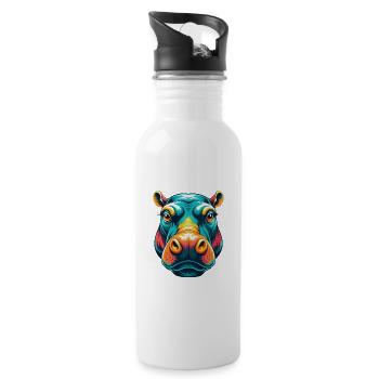 Hippo Cute Kawaii Cartoon Clipart Animal Face - Water bottle with straw - white - Right