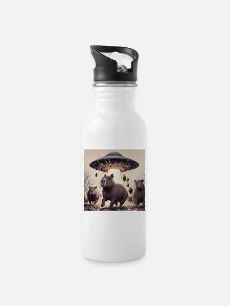 UFO & Wasserschweine - Trinkflasche mit integriertem Trinkhalm - Weiß
