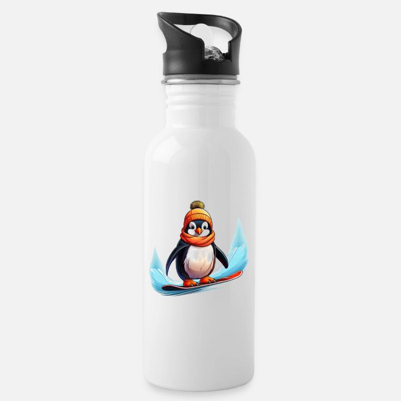 Pinguin Snowboard - Trinkflasche mit integriertem Trinkhalm - Weiß