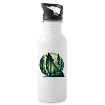 Silhouette of howling wolf with green forest - Water bottle with straw - white - Right