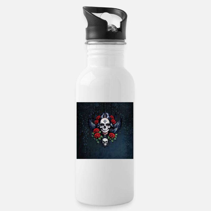 Angel Sugar Skull with Roses - Water bottle with straw - white