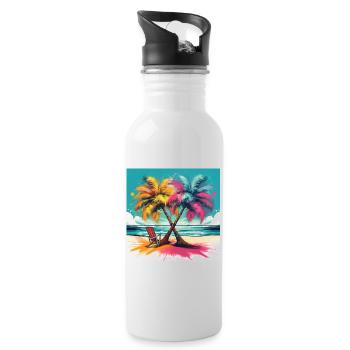 Vibrant Palm Trees on a Tropical Beach - Water bottle with straw - white - Right