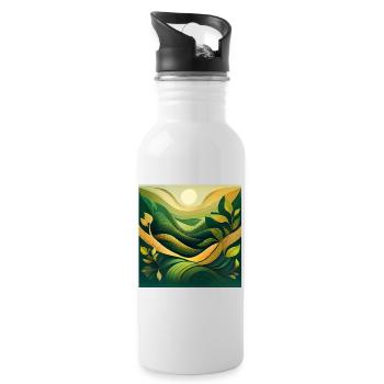 Abstract Green Landscape with Sun and Leaves - Water bottle with straw - white - Right