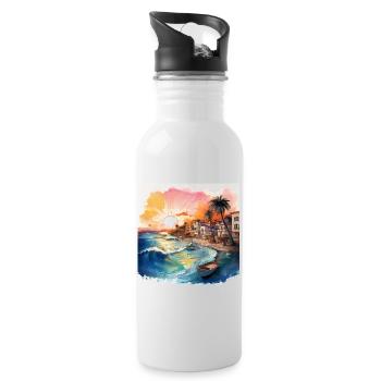Vibrant Coastal Sunset Scene with Boats and Waves - Water bottle with straw - white - Right
