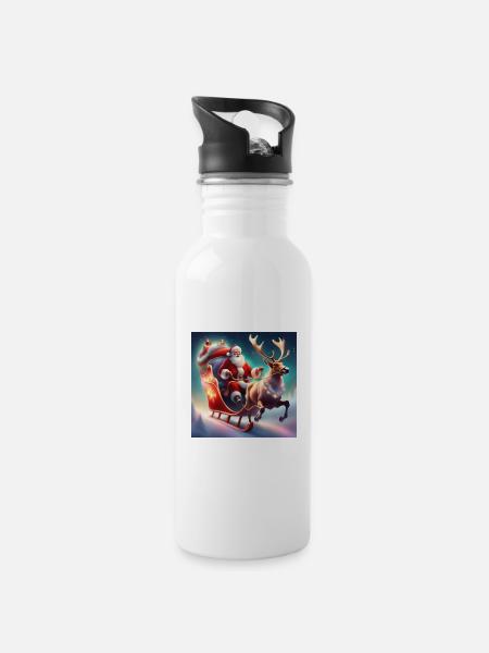 Weihnachtsmann, Schlitten, Weihnachtsposter - Trinkflasche mit integriertem Trinkhalm - Weiß