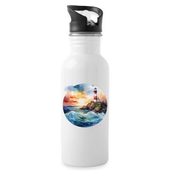 Majestic Lighthouse at Sunset with Crashing Waves - Water bottle with straw - white - Right