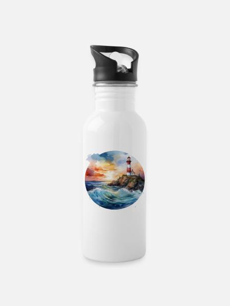 Majestätischer Leuchtturm bei Sonnenuntergang mit tosenden Wellen - Trinkflasche mit integriertem Trinkhalm - Weiß