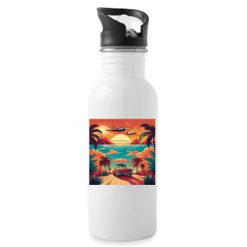 Vintage Beach Sunset with Red Car and Planes - Water bottle with straw - white - Right