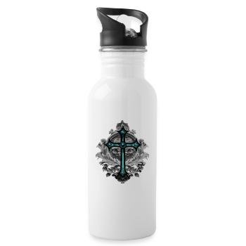 Grabstein-Ornament, Kreuze, gothic design - Trinkflasche mit integriertem Trinkhalm - Weiß - Rechts