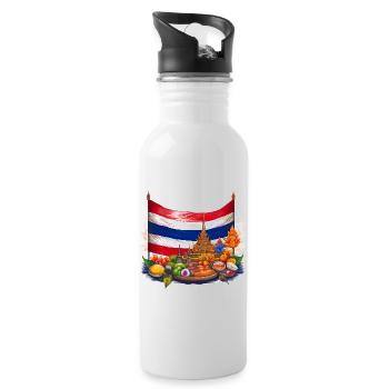 Thailand Flag with Temple and Cuisine Design - Water bottle with straw - white - Right