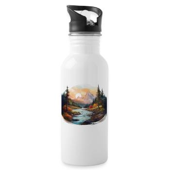 Serene Mountain Landscape with Flowing River Art - Water bottle with straw - white - Right