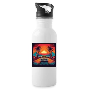 Retro Classic Car Sunset Drive Illustration - Water bottle with straw - white - Right