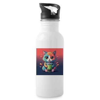 Niedliche Katze mit Bubble Tea - Trinkflasche mit integriertem Trinkhalm - Weiß - Rechts
