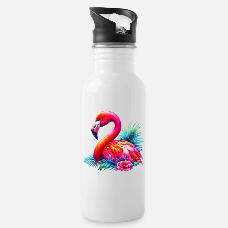 Flamingo - Trinkflasche mit integriertem Trinkhalm - Weiß