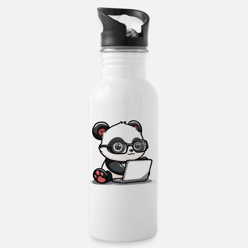 Panda Dessin animé travaillant sur un ordinateur portable avec des lunettes - Gourde avec paille intégrée - blanc