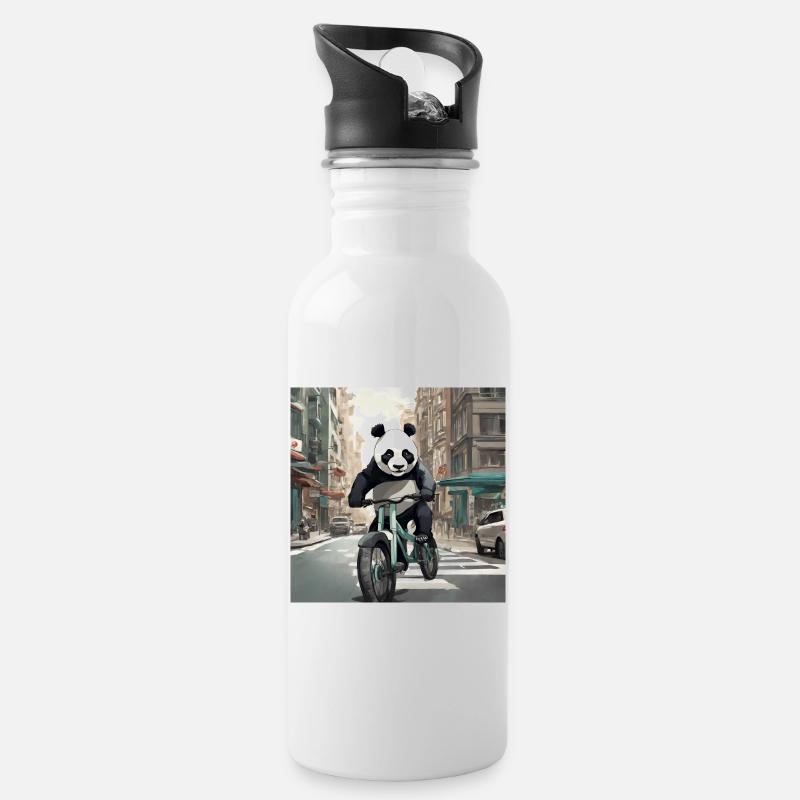 Panda à vélo en ville - Gourde avec paille intégrée - blanc