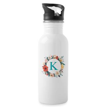 K Monogram, Flower Wreath, Personalizable - Water bottle with straw - white - Right