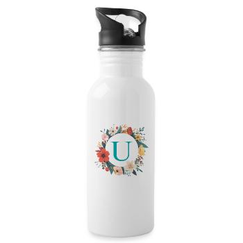 U Monogram, Flower Wreath, Personalizable - Water bottle with straw - white - Right