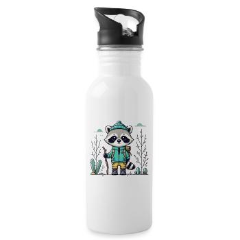 Abenteuerlustiger Waschbär im Wanderoutfit - Trinkflasche mit integriertem Trinkhalm - Weiß - Rechts