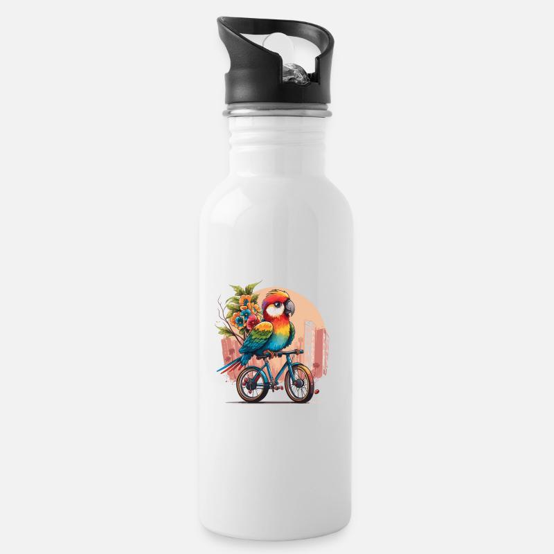Bunte Reise: Ein Papageien-Fahrradabenteuer in t - Trinkflasche mit integriertem Trinkhalm - Weiß