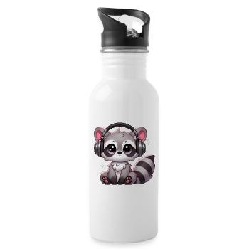 Niedlicher Waschbär mit Kopfhörern Cartoon - Trinkflasche mit integriertem Trinkhalm - Weiß - Rechts