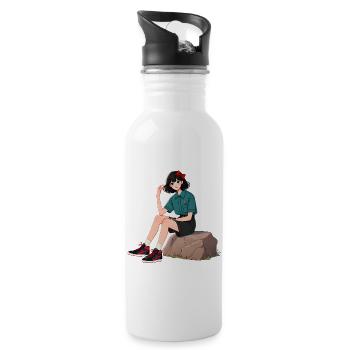 Retro Girl with Red Bow Illustration - Water bottle with straw - white - Right
