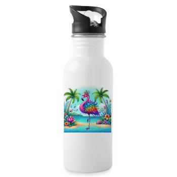 Schöner Flamingo - Trinkflasche mit integriertem Trinkhalm - Weiß - Rechts