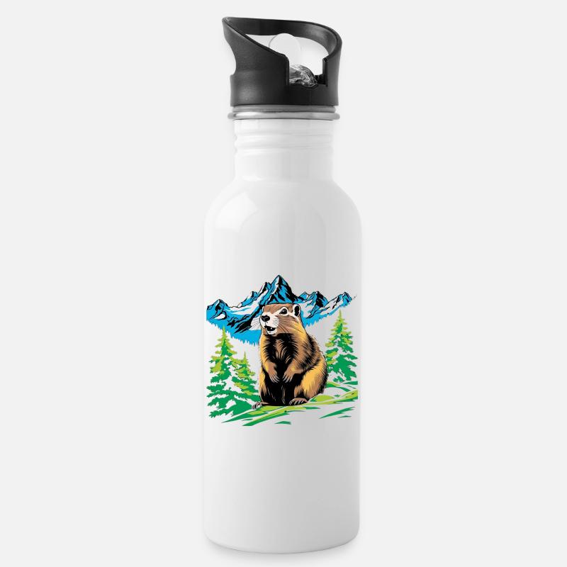 Murmeltier der Alpen - Trinkflasche mit integriertem Trinkhalm - Weiß
