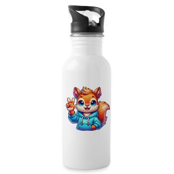 Peaceful Cartoon Squirrel in Hoodie - Water bottle with straw - white - Right