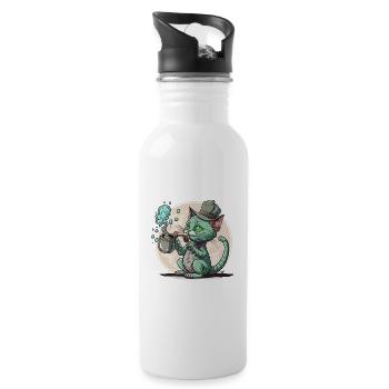 A Cat Smoking a Bong: Whimsy and Humor Collide - Water bottle with straw - white - Right