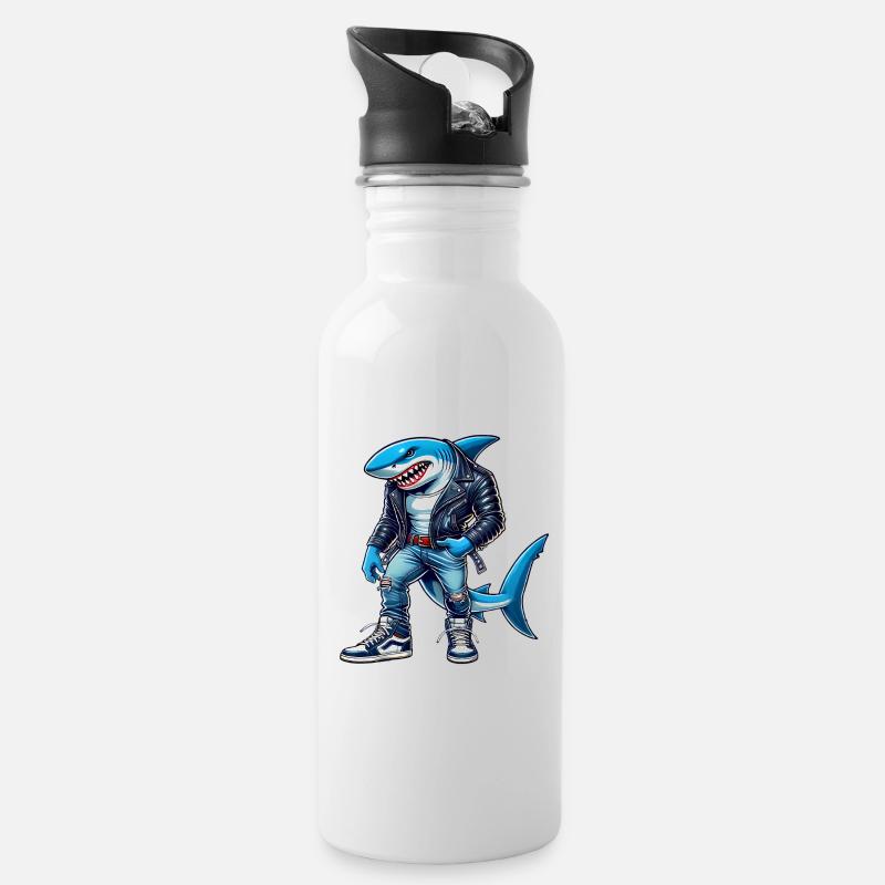 Cool Shark dans un design de veste en cuir - Gourde avec paille intégrée - blanc