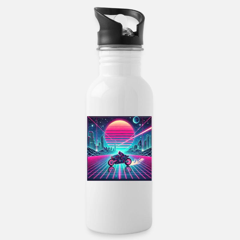 Neon Grid Odyssey – Synthwave trifft Tron Legacy - Trinkflasche mit integriertem Trinkhalm - Weiß