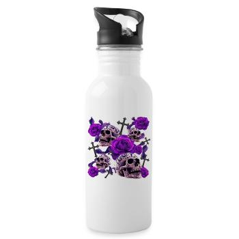 Menschenschädel, Kreuze, Rosenblüten - Trinkflasche mit integriertem Trinkhalm - Weiß - Rechts