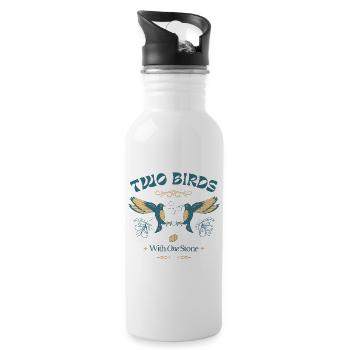 Two Birds One Stone – Vintage Bird Illustration - Water bottle with straw - white - Right