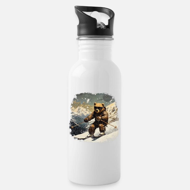 Bären Ski - Trinkflasche mit integriertem Trinkhalm - Weiß