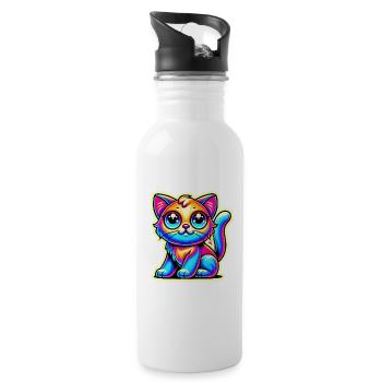 Neon Glow Crazy Cat Design - Water bottle with straw - white - Right