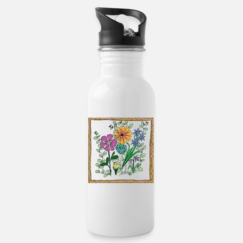 Blumen, Blüten und Pflanzen - Trinkflasche mit integriertem Trinkhalm - Weiß