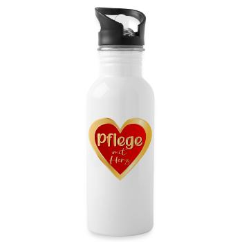 PFLEGE MIT HERZ - PFLEGEBERUFE GESUNDHEIT - Trinkflasche mit integriertem Trinkhalm - Weiß - Rechts