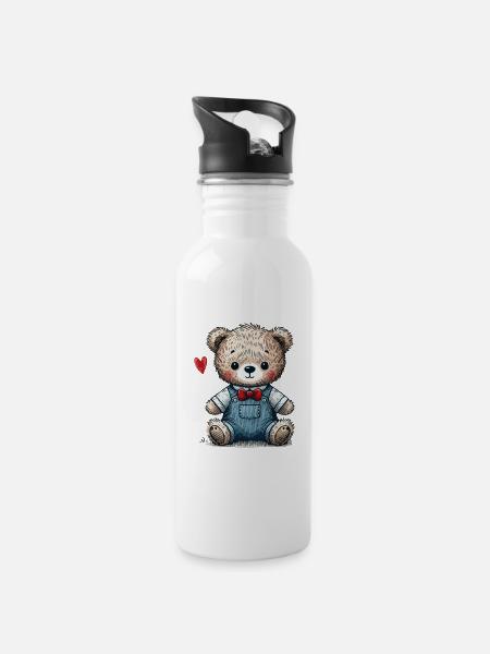Ours en peluche vintage avec salopette - Gourde avec paille intégrée - blanc