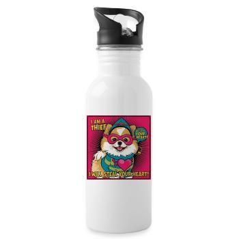 Comicstyle Pomeranian Dog "I am a thief" - Water bottle with straw - white - Right