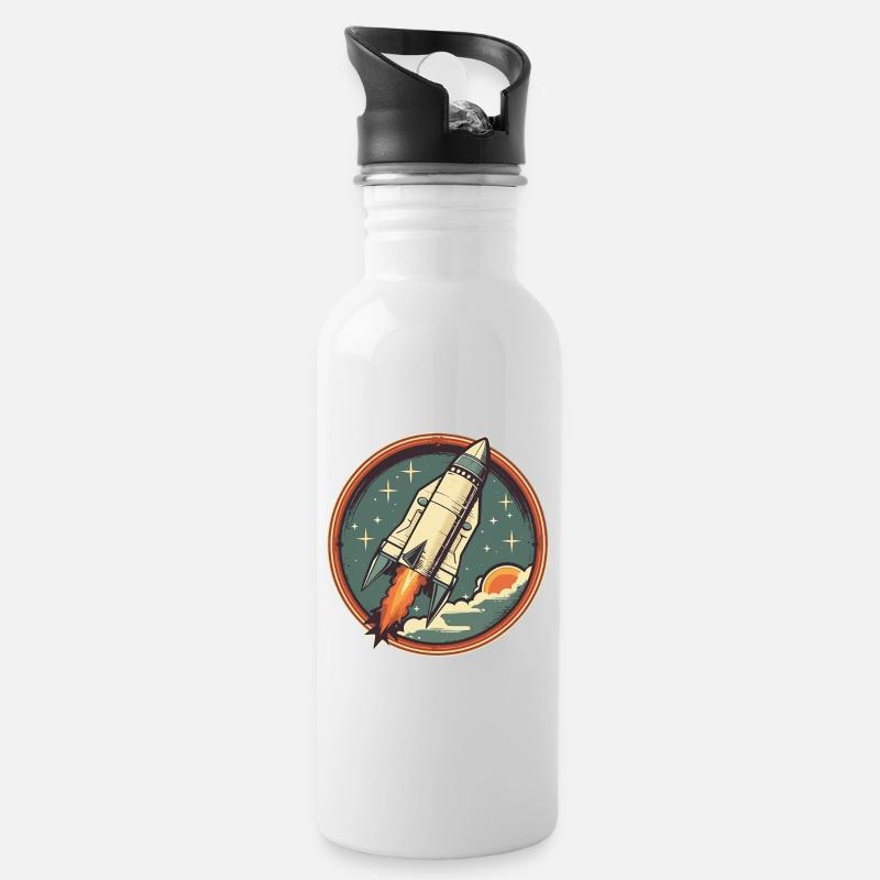 Retro Rocket - Weltraum Rakete - Trinkflasche mit integriertem Trinkhalm - Weiß