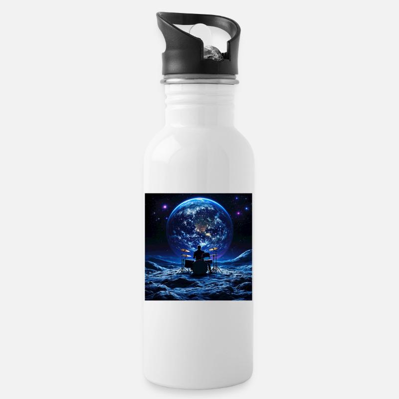 Schlagzeuger auf Mond vor der Erde Im Weltall - Trinkflasche mit integriertem Trinkhalm - Weiß