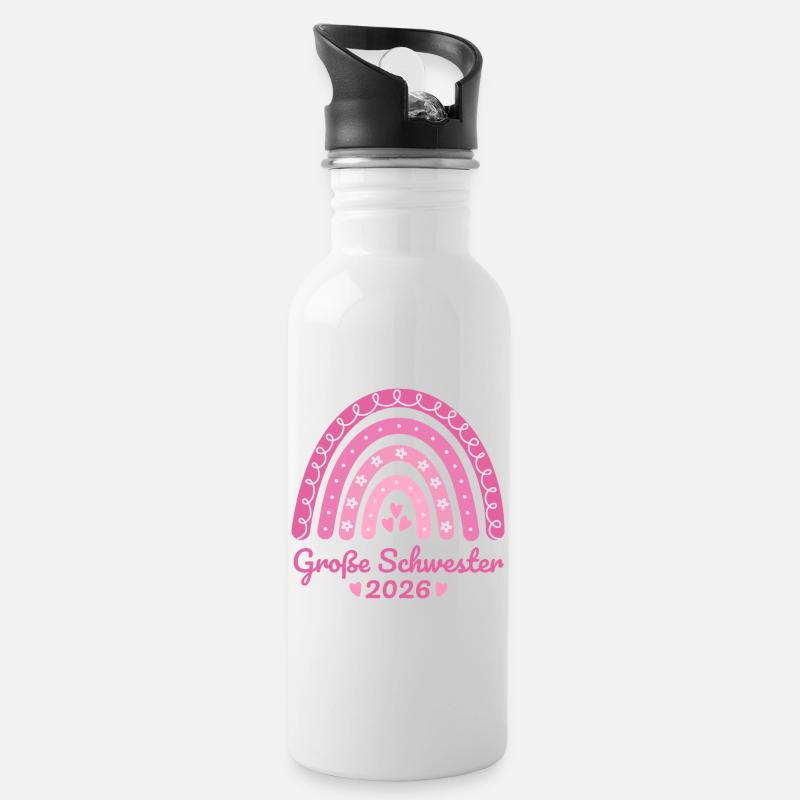 Große Schwester 2026 Regenbogen - Trinkflasche mit integriertem Trinkhalm - Weiß