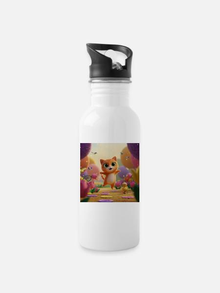 Kitten jumps through the kingdom of flowers - Water bottle with straw - white