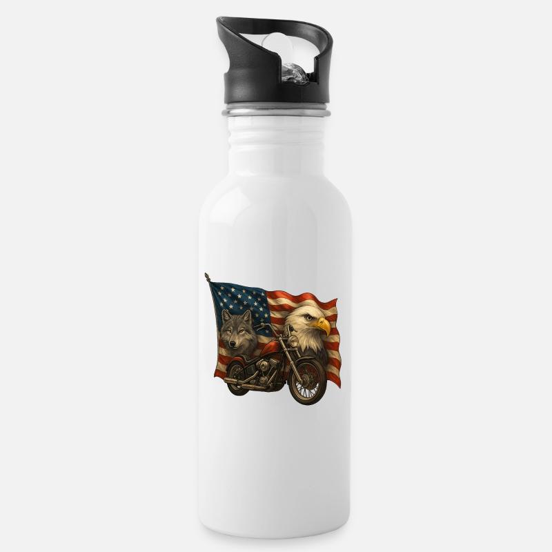 Hubschrauber, Wolf und Adler auf US-Flagge - Trinkflasche mit integriertem Trinkhalm - Weiß